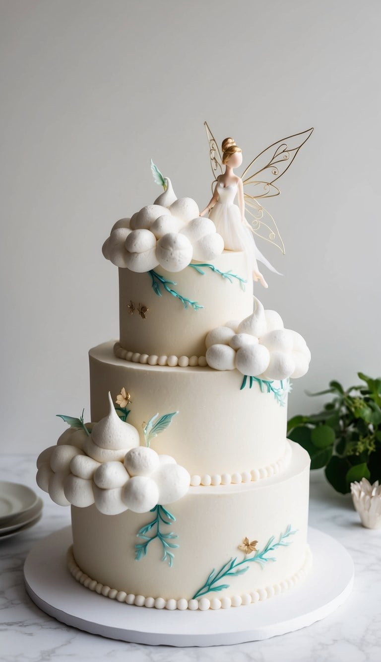 A whimsical cake with whipped cream clouds, adorned with ethereal fairy-themed decorations