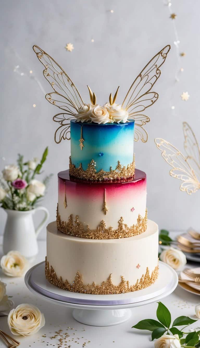 A fairy-themed birthday cake adorned with jewel-toned glaze and delicate wings, surrounded by enchanting decorations and sparkles