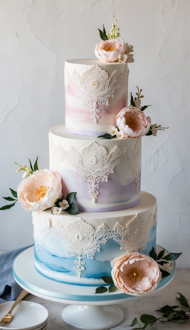 A tiered cake with elaborate floral and lace designs, adorned with delicate piped details in watercolor buttercream finish