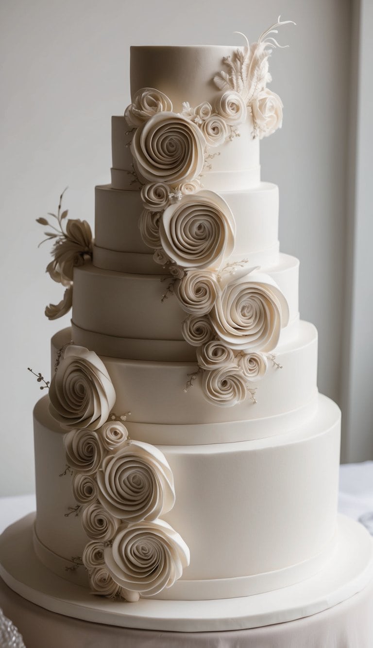A multi-tiered cake adorned with intricate rosette swirls and delicate piped designs in a luxurious and artistic display