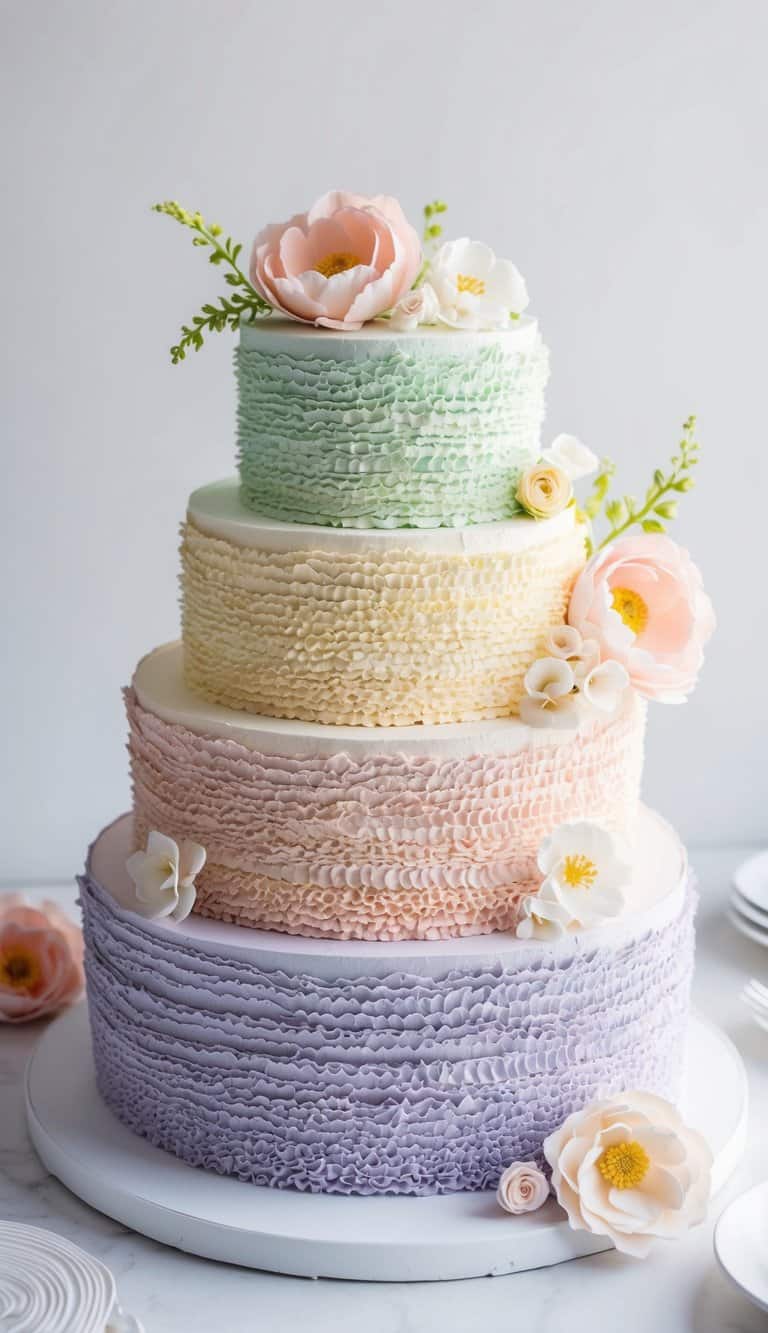 A three-tiered cake adorned with textured buttercream ruffles in various pastel colors, surrounded by delicate sugar flowers and intricate piping designs