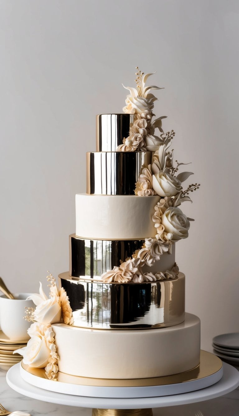 A multi-tiered cake with mirror glaze shines under soft lighting, showcasing intricate piping and luxurious artistic designs