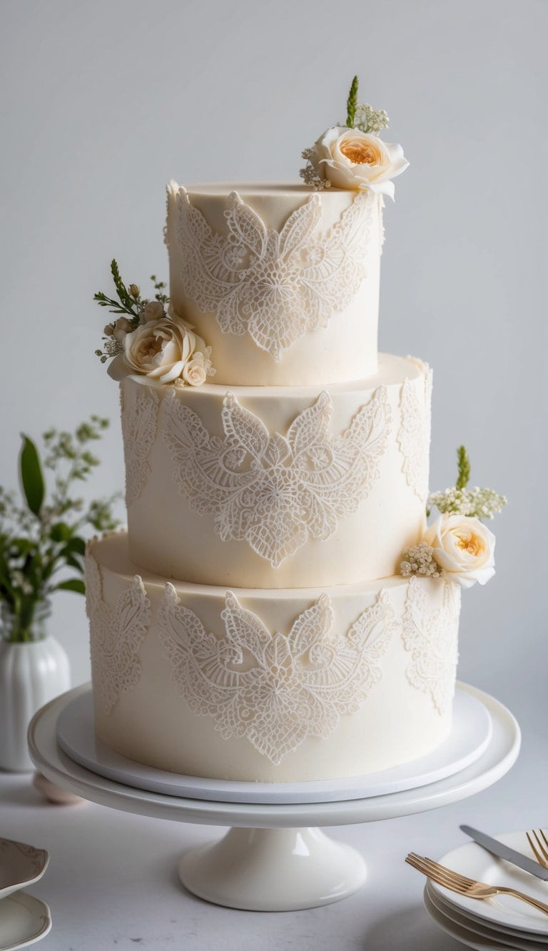 A vintage lace tea cake adorned with intricate piped designs and delicate details