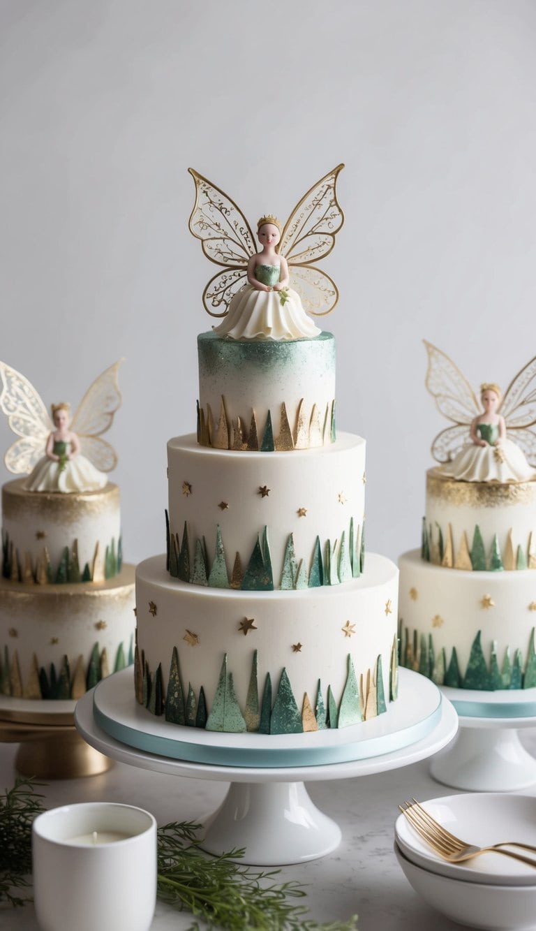 A magical forest of fairy cakes adorned with edible metallic sprays and delicate fairy-inspired designs