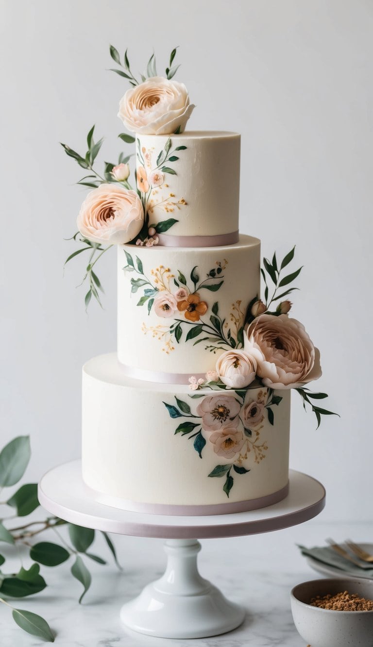 An ornate cake adorned with hand-painted floral designs and intricate piping