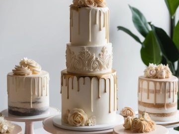 A selection of elegant white cakes with gold drip and floral decorations is arranged on a table. The cakes vary in size and style, with roses and delicate frosting details, all set against a bright, modern background with greenery.