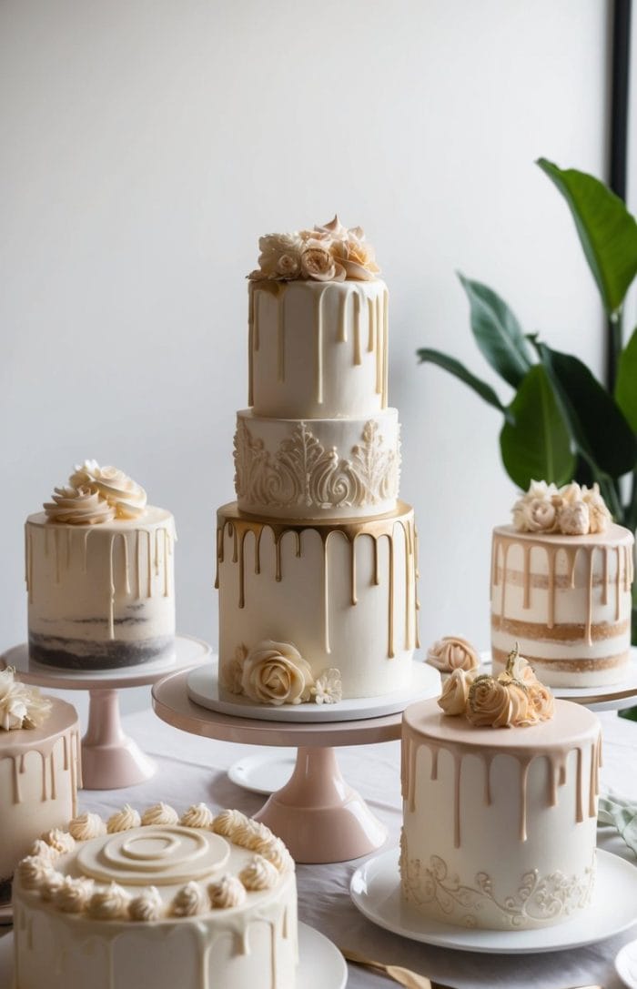 A selection of elegant white cakes with gold drip and floral decorations is arranged on a table. The cakes vary in size and style, with roses and delicate frosting details, all set against a bright, modern background with greenery.