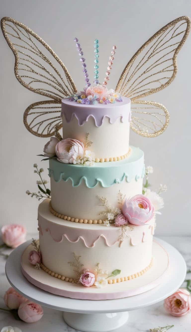 A whimsical fairy cake with pastel colored sugar crystals adorning the top, surrounded by delicate flowers and glittering fairy wings