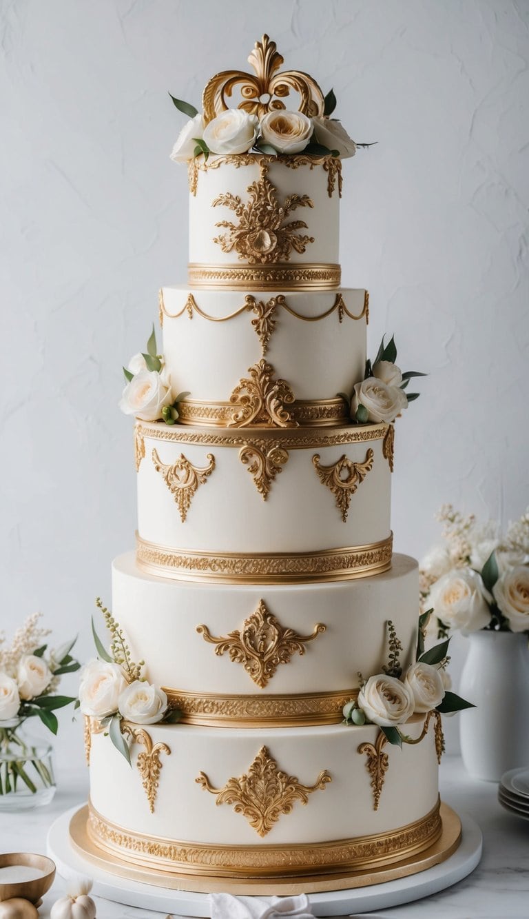 A grand, ornate cake with intricate gold details and fancy decorations