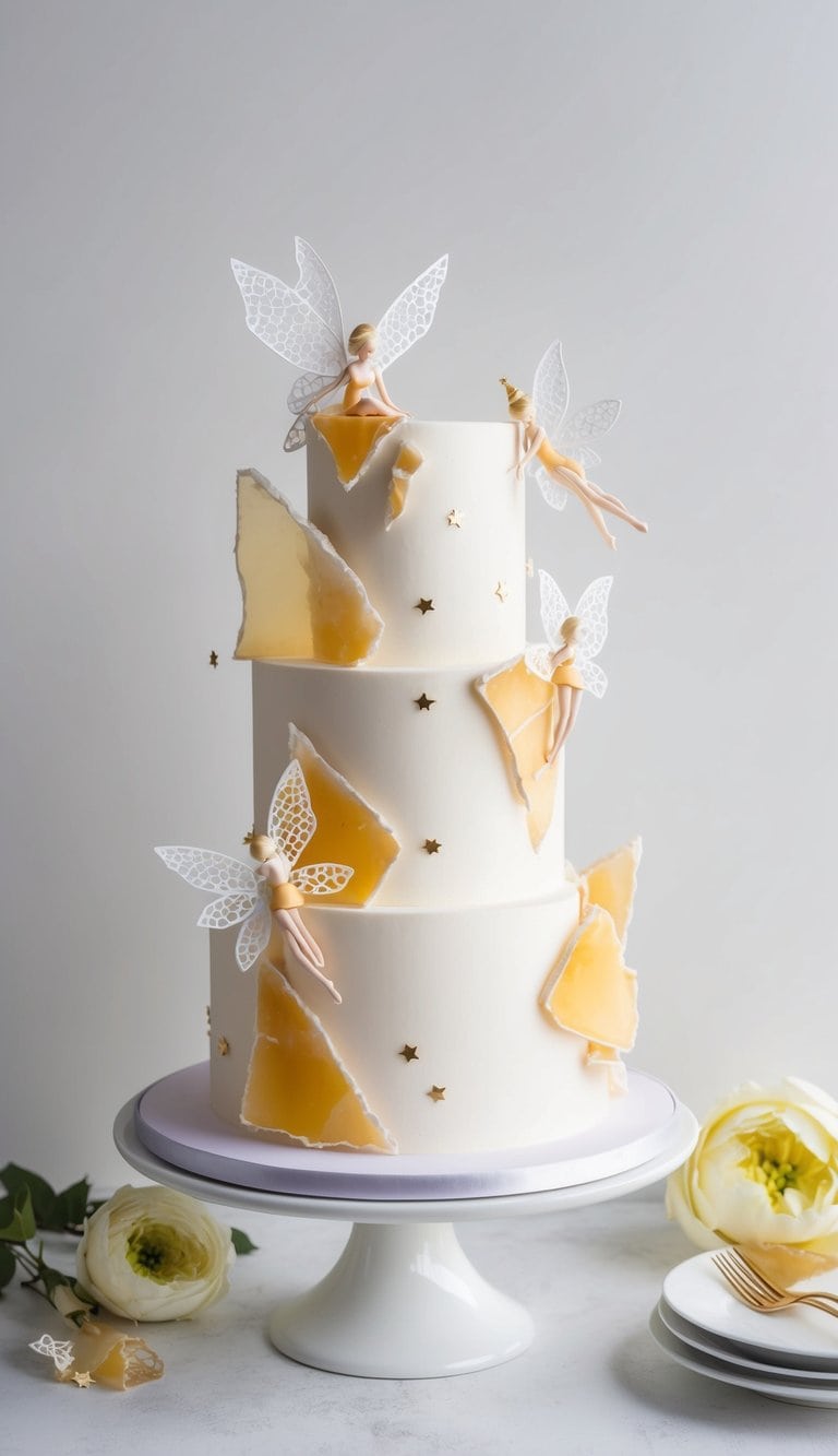 A whimsical cake adorned with honeycomb shards and delicate fairy-inspired decorations