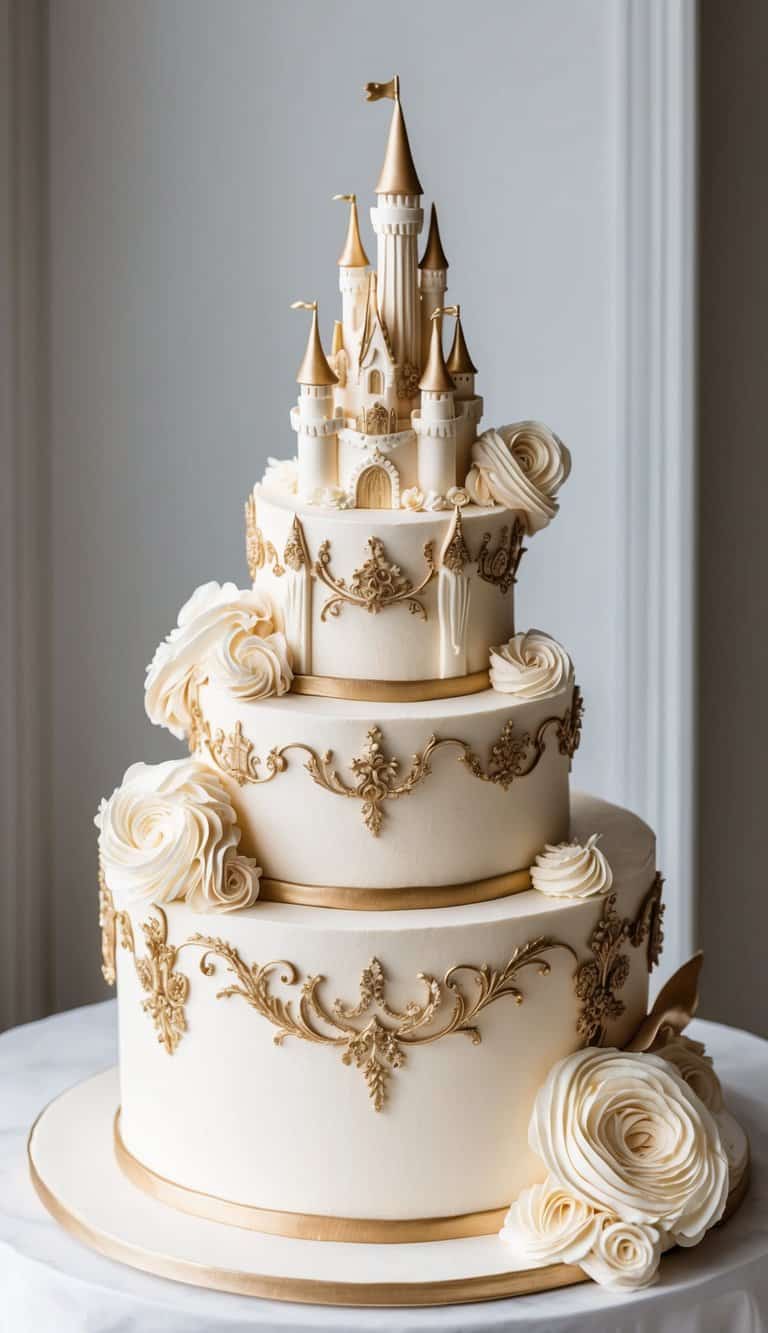 A grand fairytale castle cake adorned with intricate piping and luxurious design