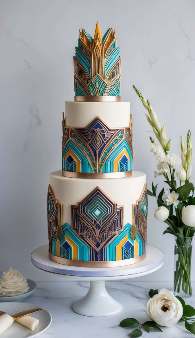 A grand, ornate cake adorned with elaborate, geometric Art Deco patterns in vibrant colors and metallic accents