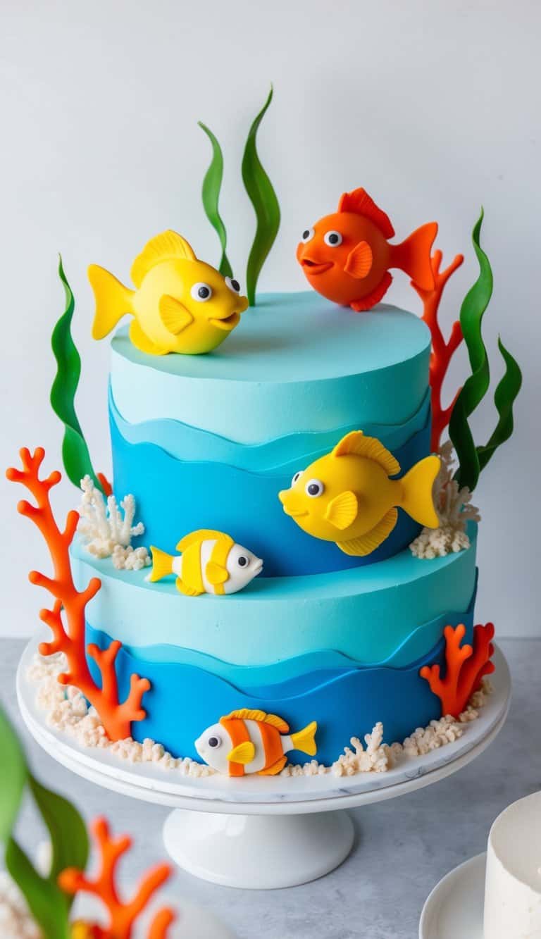 A vibrant underwater scene with fondant fish in bright colors swimming among coral and seaweed