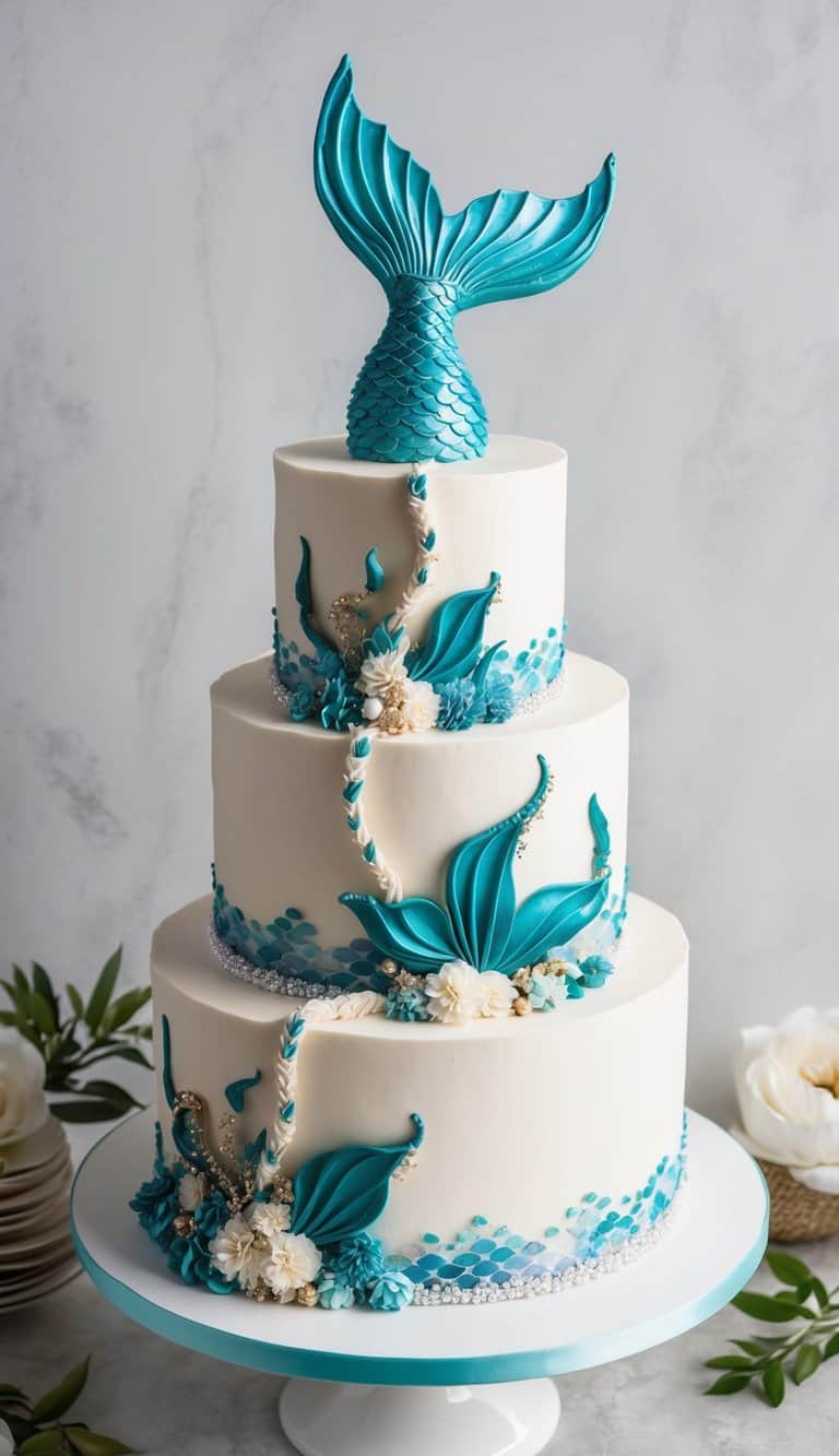 A mermaid tail-shaped cake adorned with intricate piping and glamorous decorations