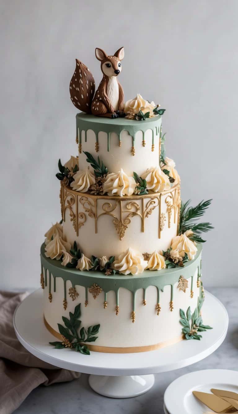 A woodland creature carefully decorates an extravagant cake with intricate piping and luxurious designs