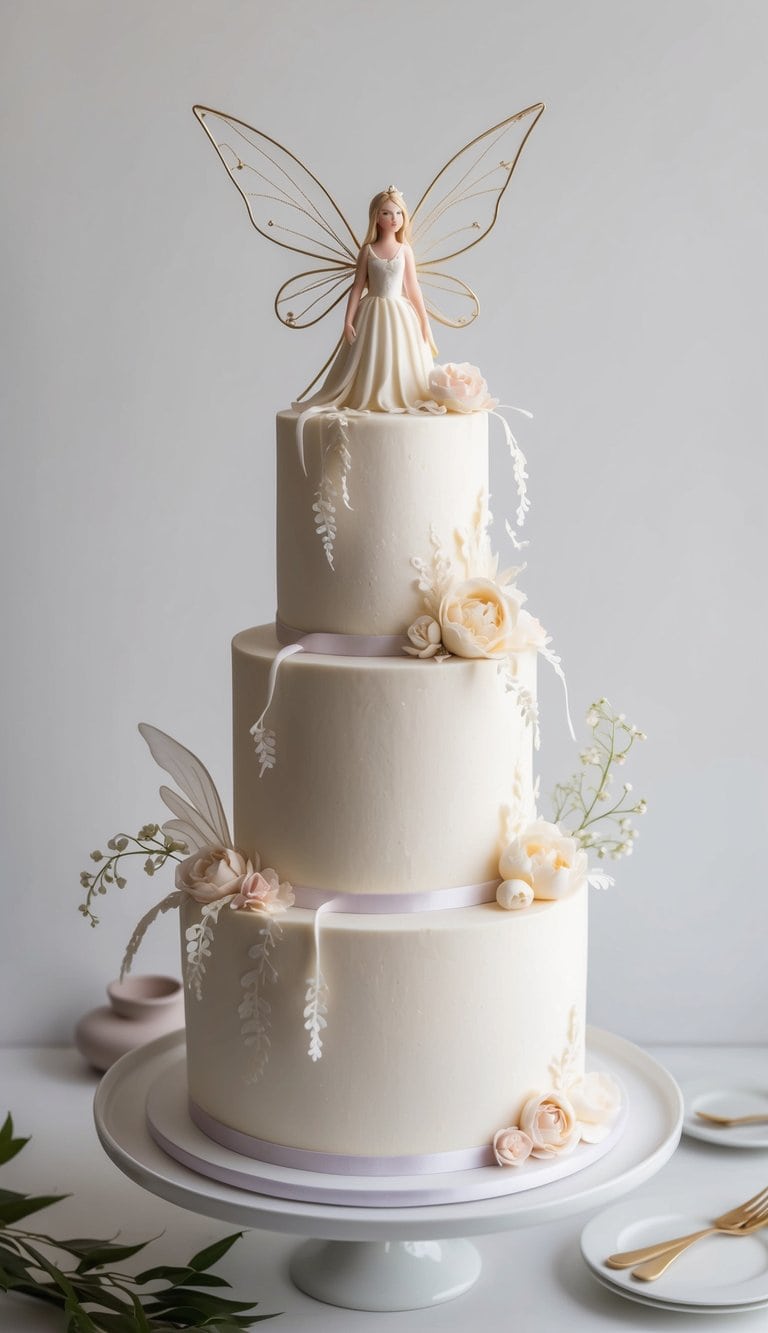 A whimsical fairy cake with delicate gum paste figures and ethereal decorations