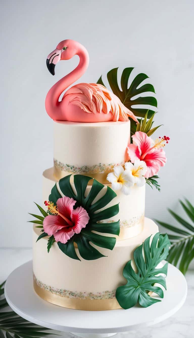 A vibrant flamingo cake with musk-flavored buttercream, adorned with tropical elements like palm leaves and hibiscus flowers