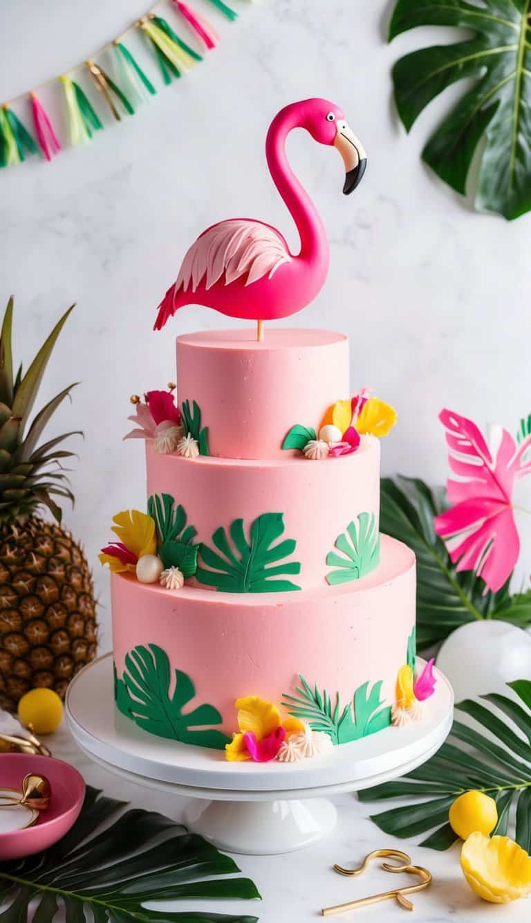 A vibrant pink flamingo cake surrounded by tropical decor and festive accents