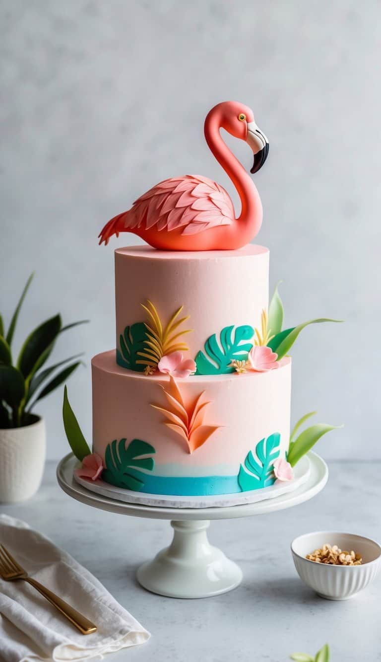 A vibrant flamingo cake, adorned with tropical decorations, sits on a simple 9 x 13 in. pan