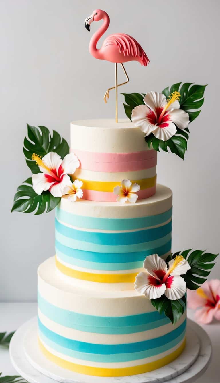 A vibrant flamingo cake adorned with hibiscus flower toppers. Tropical and fun, perfect for a festive celebration