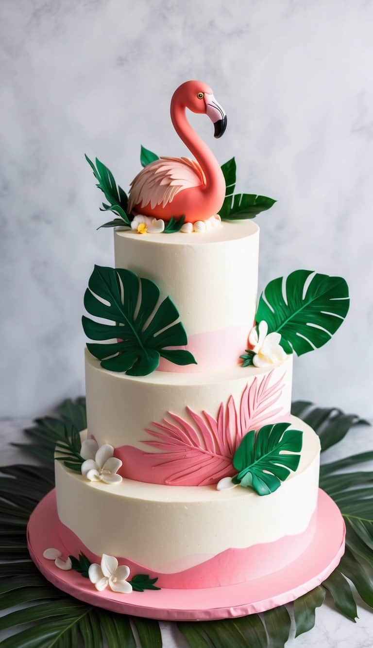 A vibrant flamingo cake adorned with palm leaves and tropical decorations