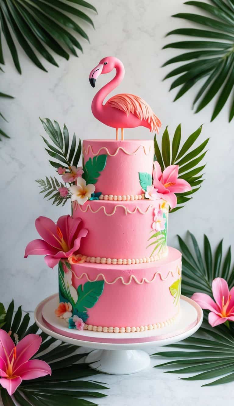 A vibrant pink flamingo birthday cake surrounded by tropical flowers and palm leaves, with a fun and festive atmosphere