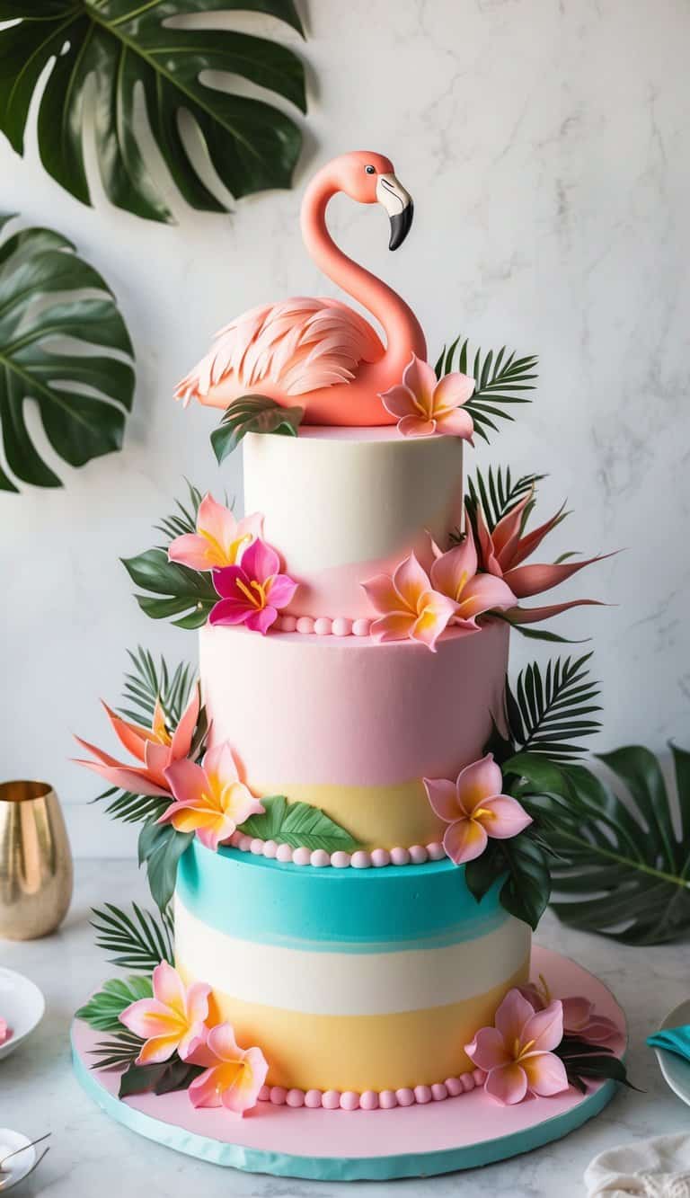 A vibrant flamingo cake surrounded by tropical flowers and leaves, with a playful and fun atmosphere