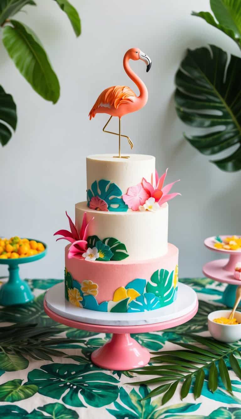 A vibrant flamingo cake stands on a tropical-themed table, surrounded by colorful decorations and foliage