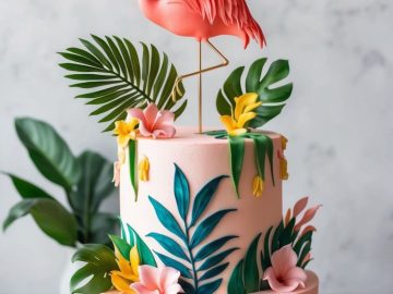 A two-tiered cake decorated with tropical leaves and flowers, topped with a pink flamingo figurine. The cake is set on a wooden table with plates and cutlery nearby, and green plants in the background.