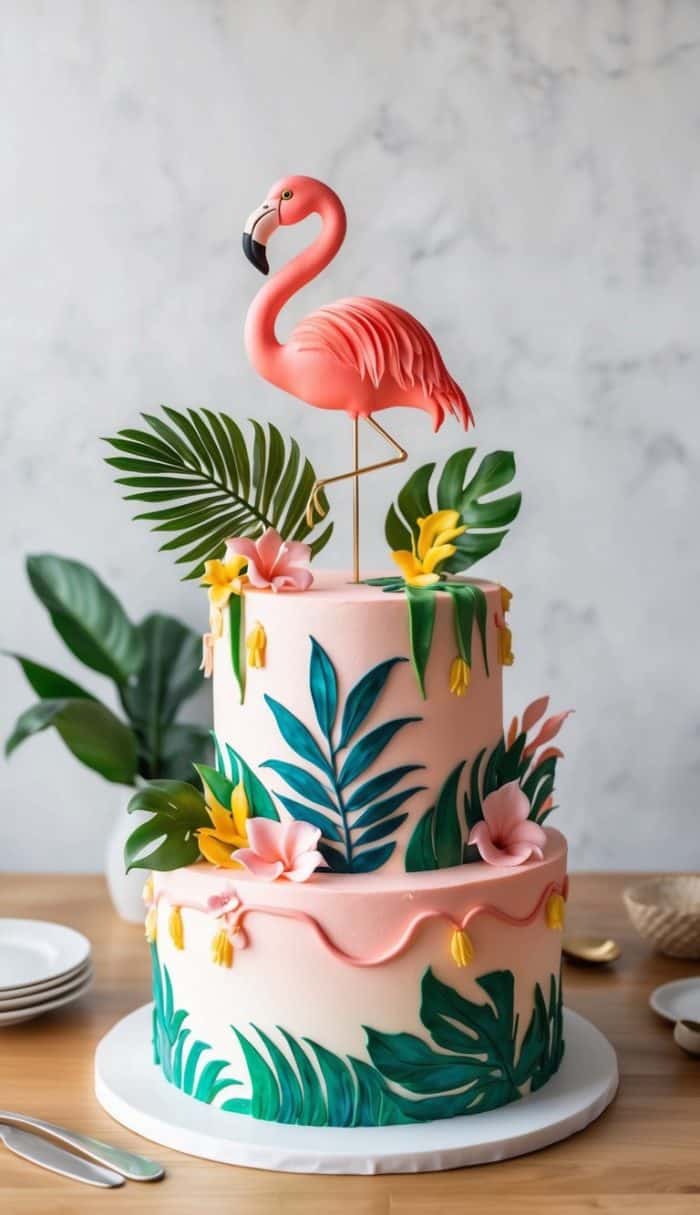 A two-tiered cake decorated with tropical leaves and flowers, topped with a pink flamingo figurine. The cake is set on a wooden table with plates and cutlery nearby, and green plants in the background.