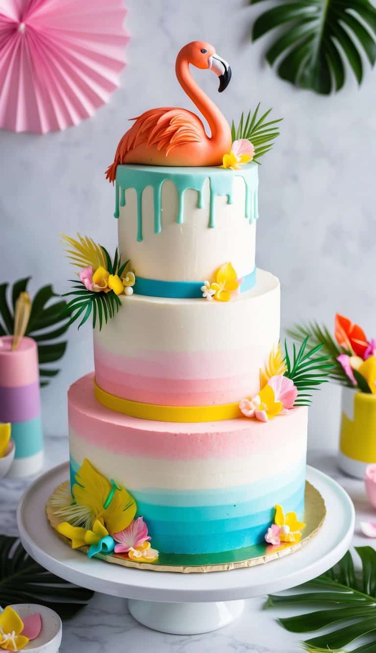 A vibrant flamingo cake with homemade icing, surrounded by tropical decorations and vibrant colors