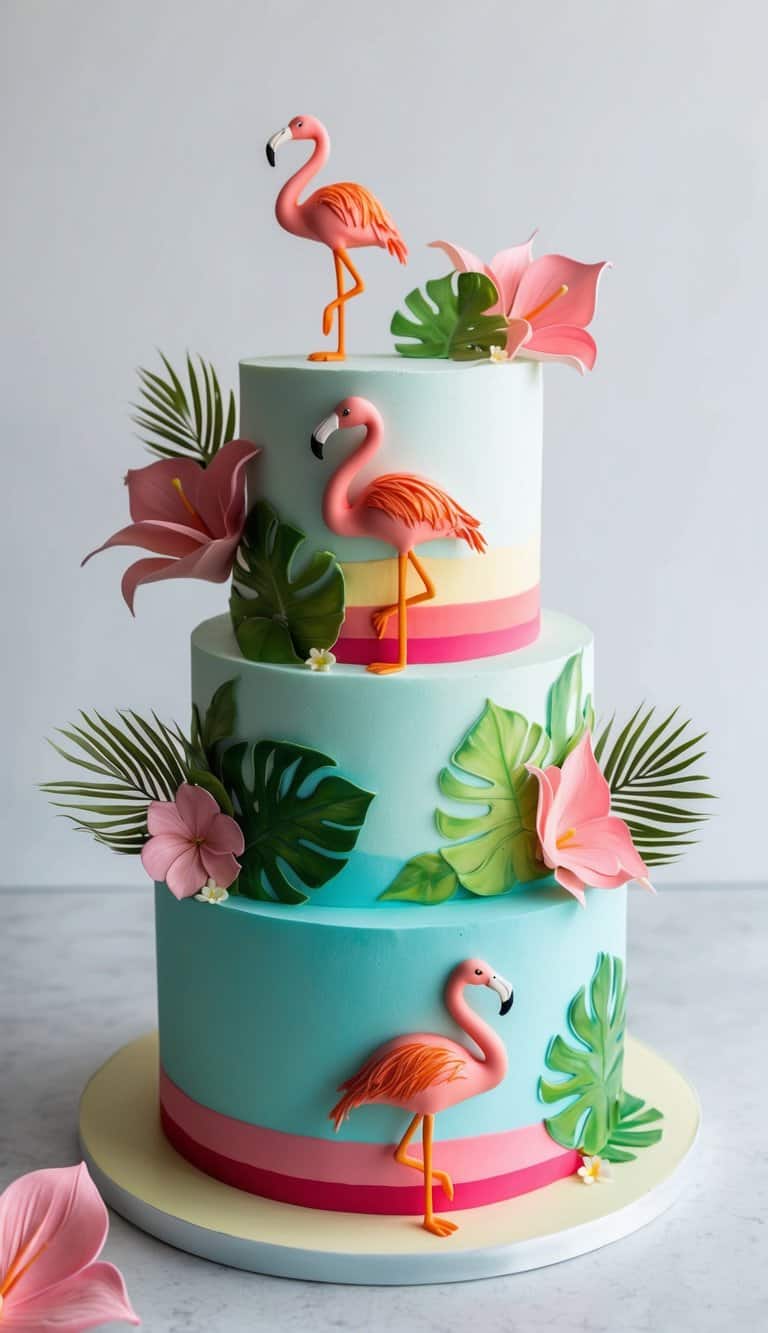 A vibrant flamingo cake with tropical decorations and flamingo figurines
