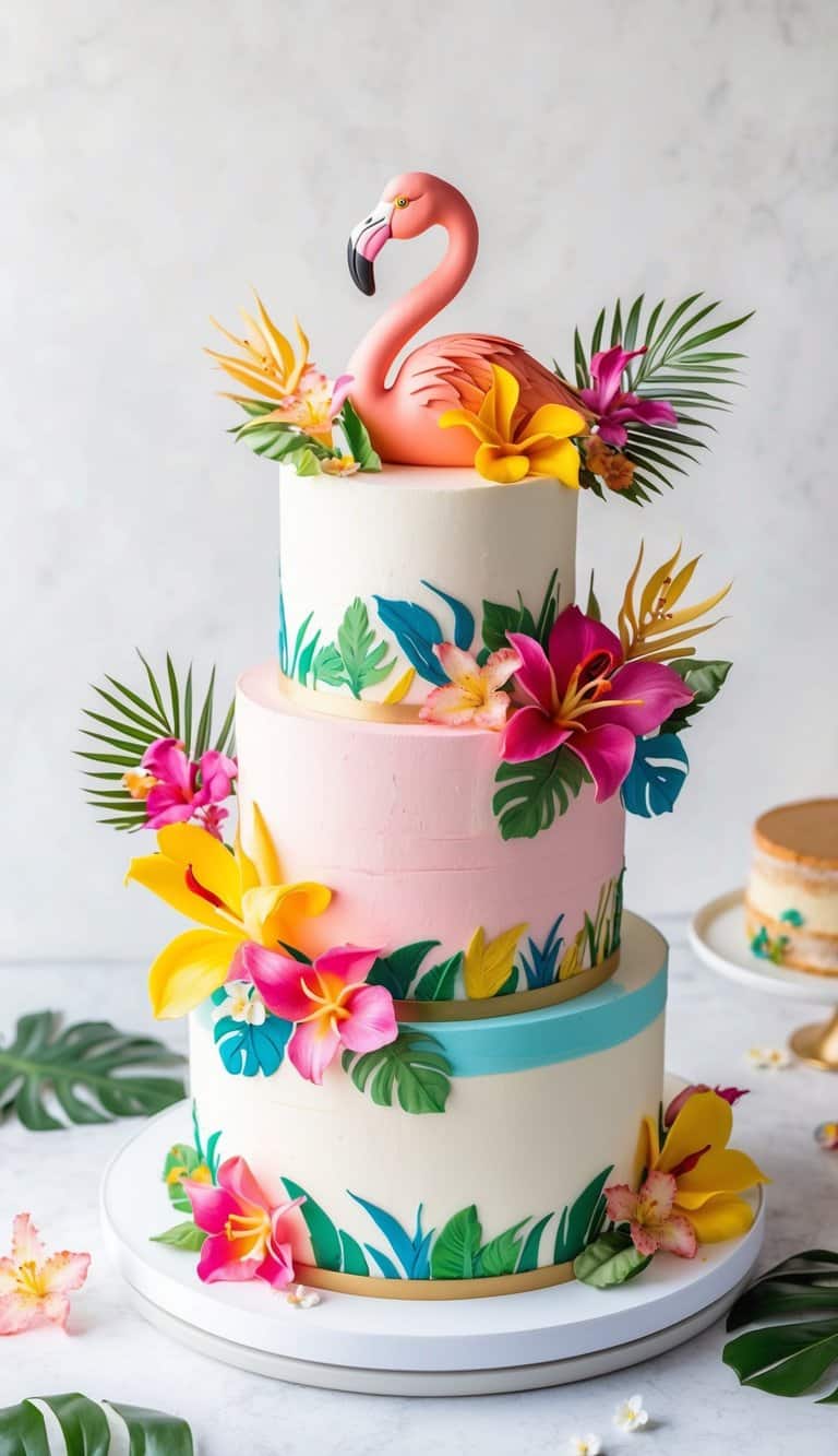 A vibrant flamingo cake decorated with tropical elements, surrounded by colorful frosting and edible flowers