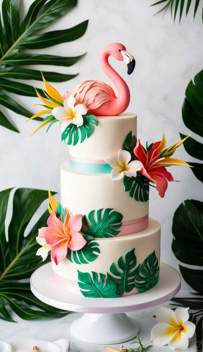 A vibrant flamingo cake surrounded by tropical flowers and palm leaves, with a playful and fun atmosphere