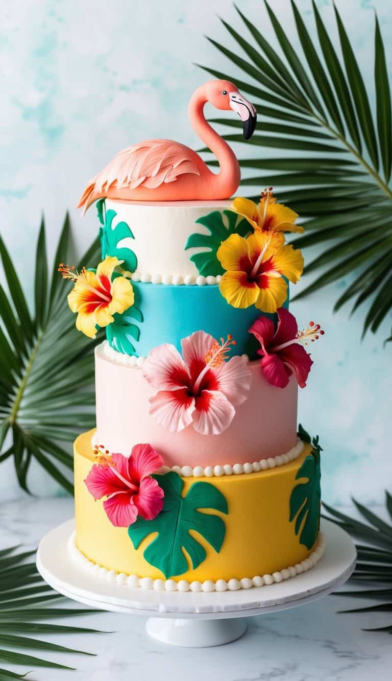 A vibrant flamingo cake adorned with hibiscus flowers, set against a tropical backdrop with palm leaves and bright colors