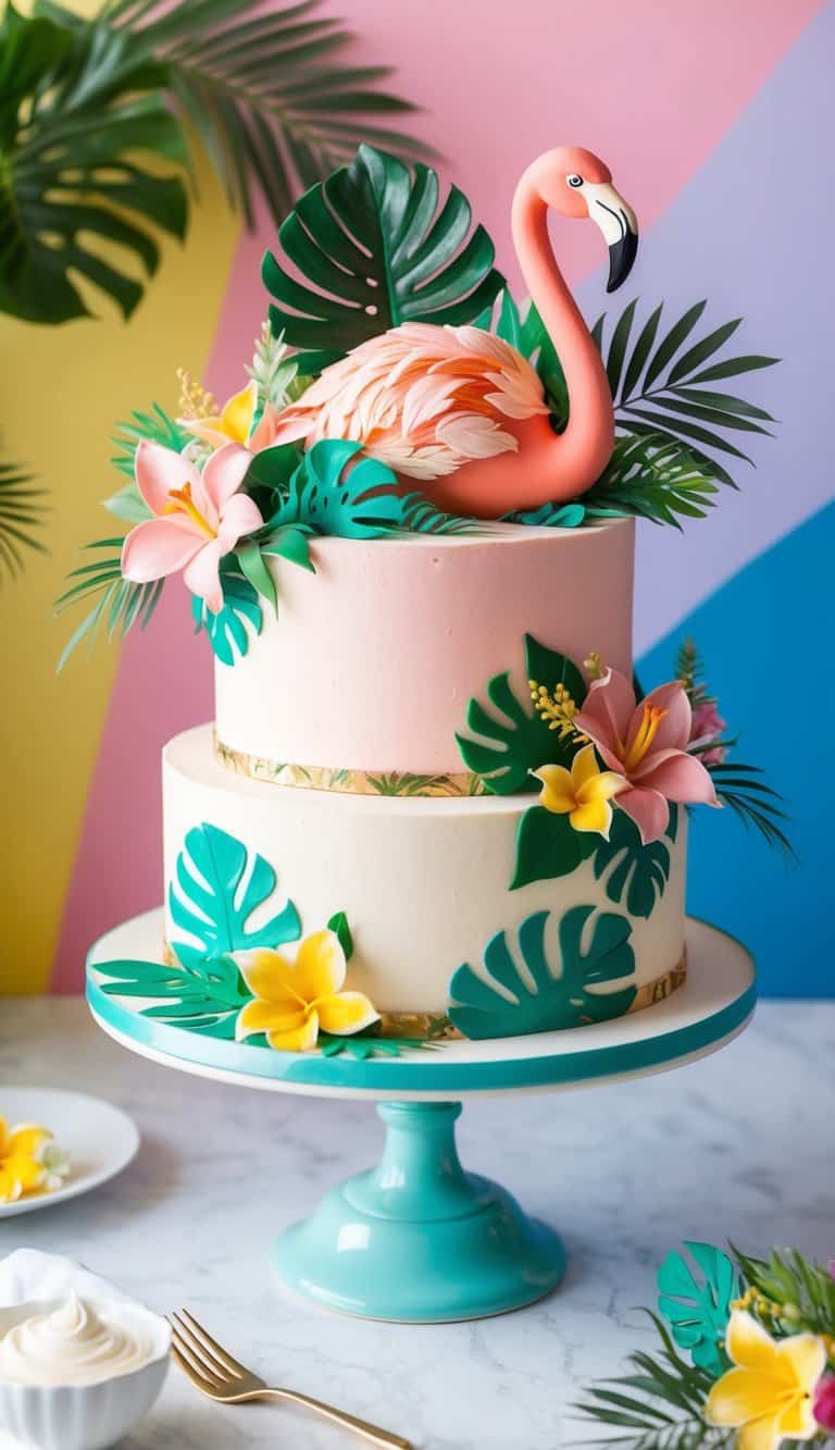 A vibrant flamingo cake adorned with tropical flowers and foliage, set against a colorful backdrop