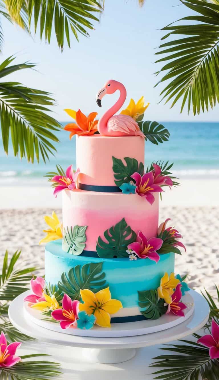 A vibrant flamingo cake surrounded by tropical flowers and palm leaves, set against a sunny beach backdrop
