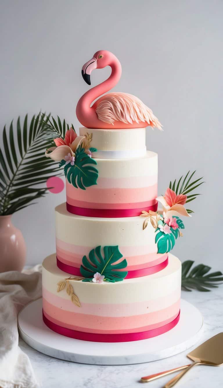 A vibrant flamingo cake adorned with tropical elements and playful decorations