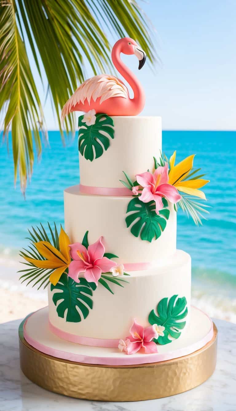 A vibrant flamingo cake decorated with tropical flowers and palm leaves, set against a sunny beach backdrop