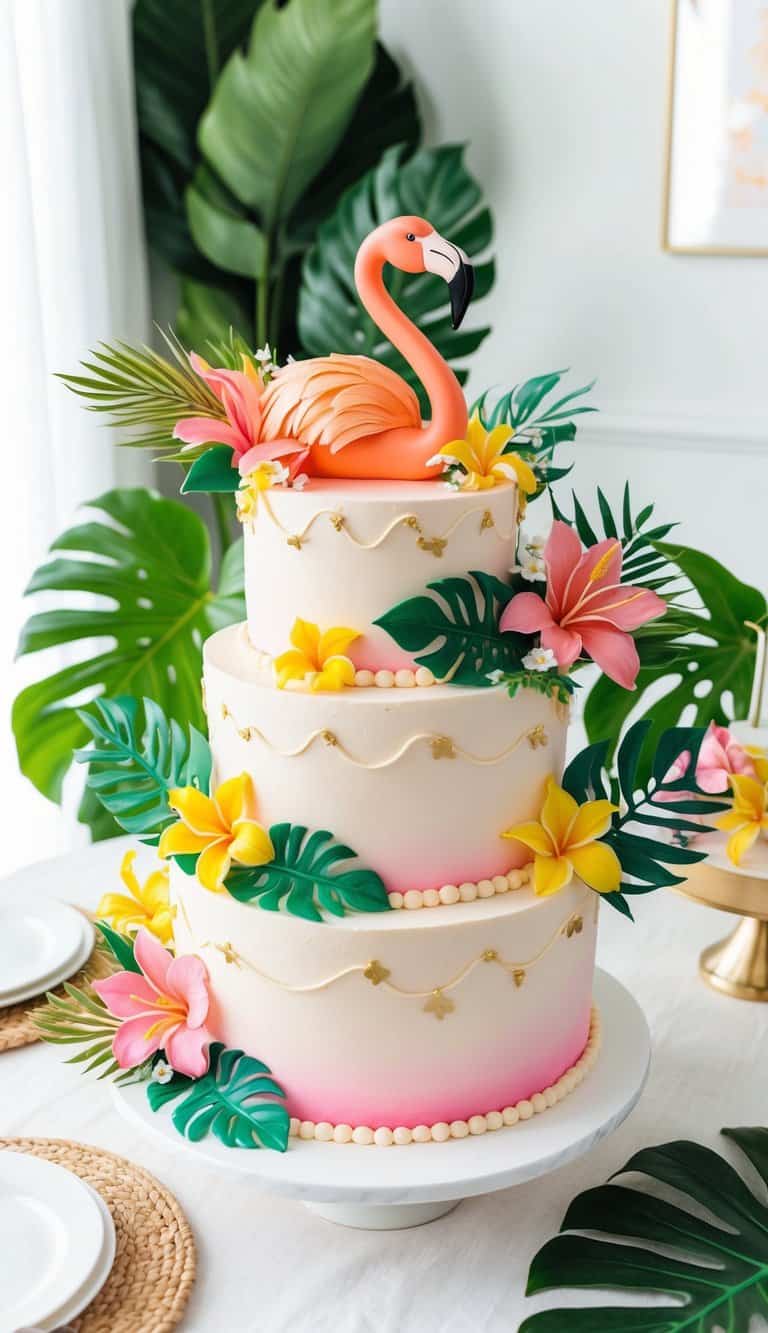 A vibrant flamingo cake surrounded by tropical flowers and leaves, set on a joyful celebration table