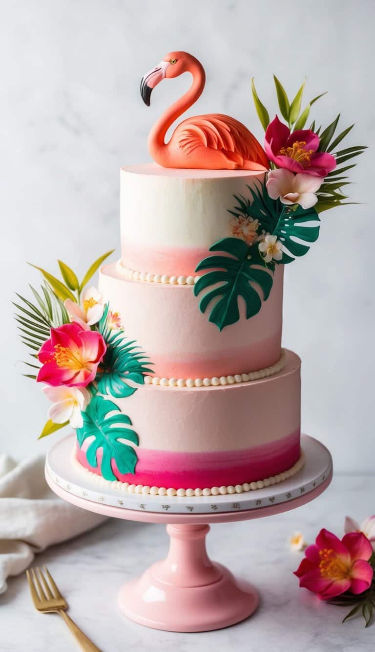 A vibrant flamingo cake adorned with tropical floral accents