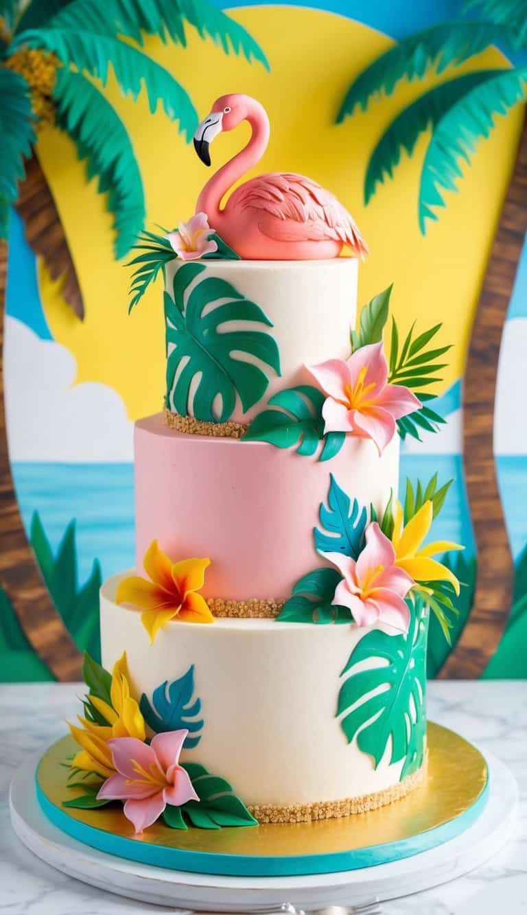 A vibrant flamingo cake adorned with tropical flowers and leaves, set against a colorful backdrop of palm trees and a sunny sky