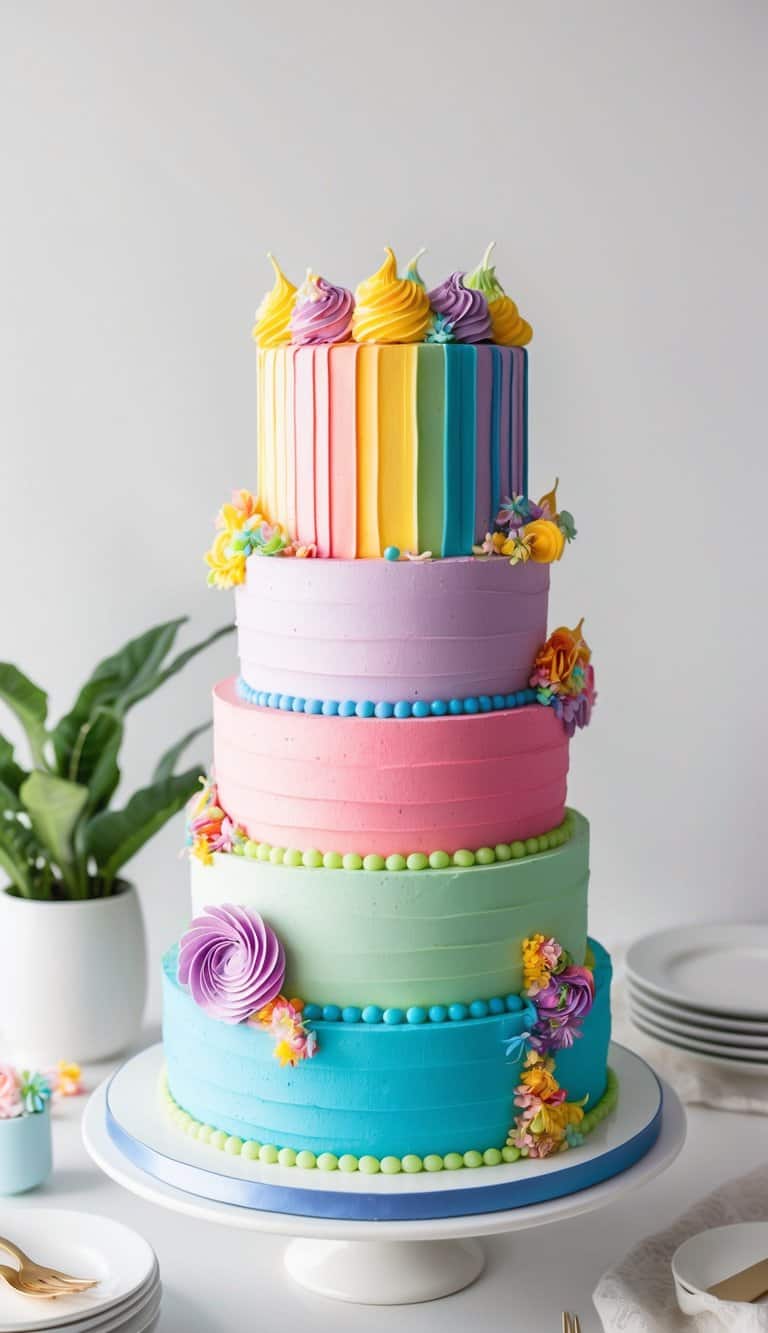 A colorful, multi-layered cake with vibrant rainbow colors, adorned with playful and unique themed decorations