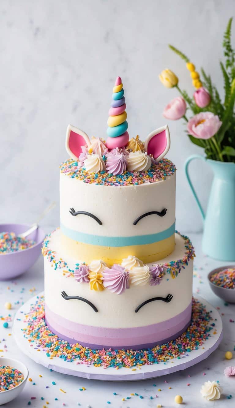 A unicorn cake surrounded by colorful sprinkles and vibrant frosting, with playful and unique decorations