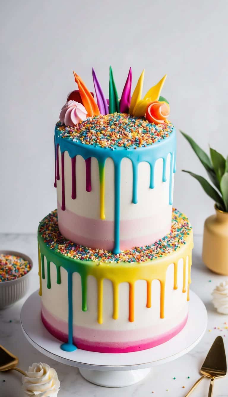 A colorful drip cake topped with an assortment of vibrant sprinkles and playful decorations