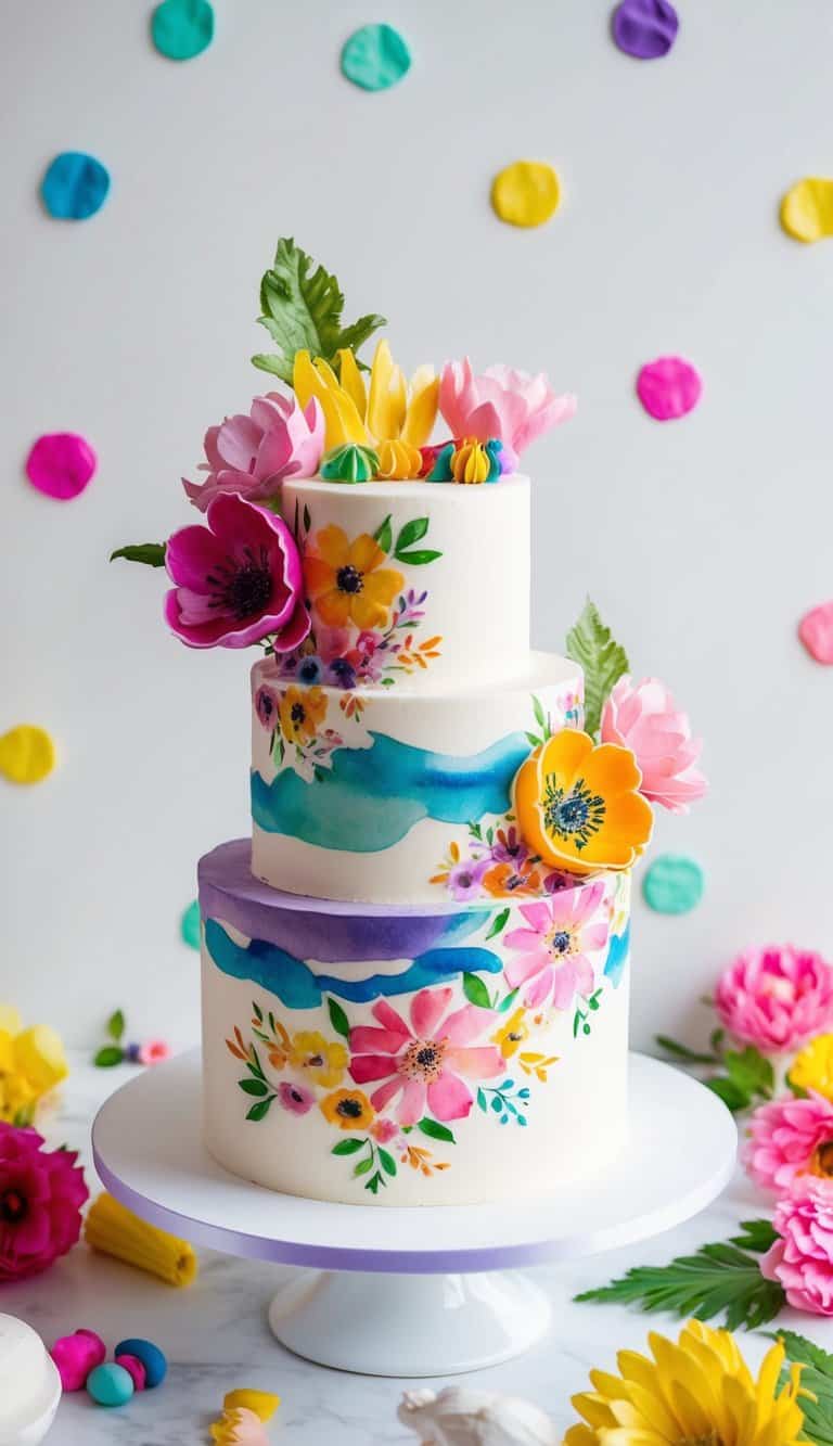 A colorful floral watercolor cake surrounded by playful and vibrant decorations, with unique themes and bright colors