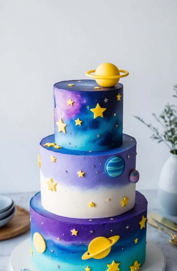 A three-tiered cake decorated with a space theme, featuring planets, stars, and a fondant Saturn on top. The cake is colored in blue, purple, and white gradients, resembling a galaxy.