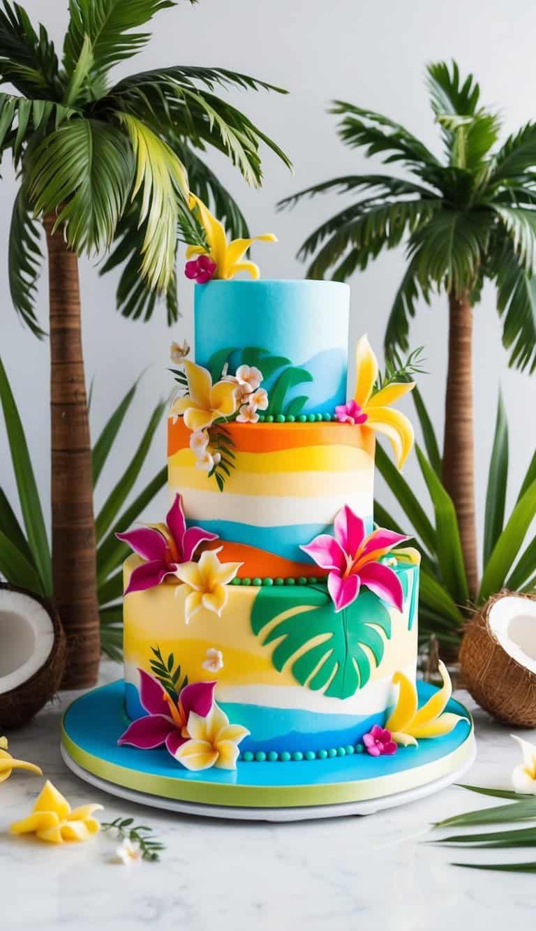 A vibrant tropical cake with playful themes and bright colors, surrounded by palm trees, coconuts, and exotic flowers