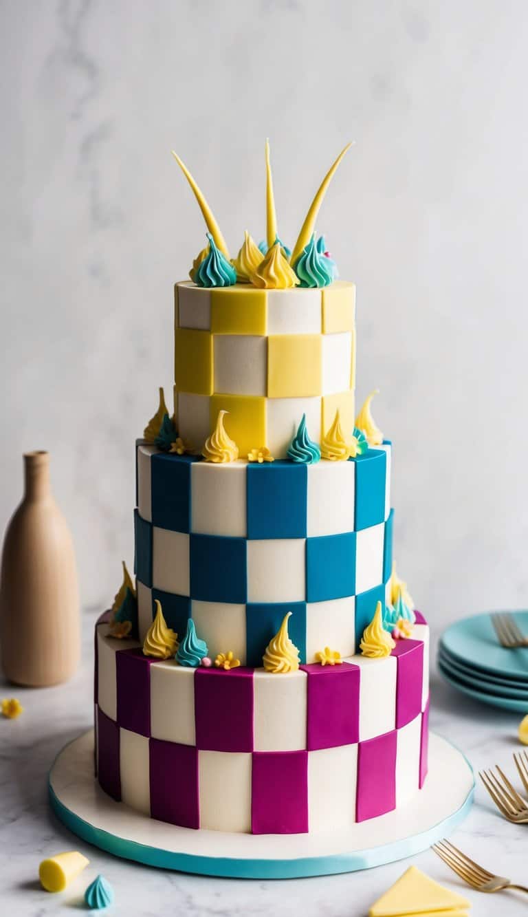 A checkerboard cake with vibrant colors and playful themes