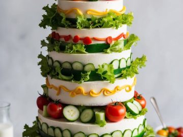 A four-tiered savory cake decorated with layers of lettuce, sliced cucumbers, cherry tomatoes, and colorful vegetable garnishes, displayed on a white cake stand against a neutral background.